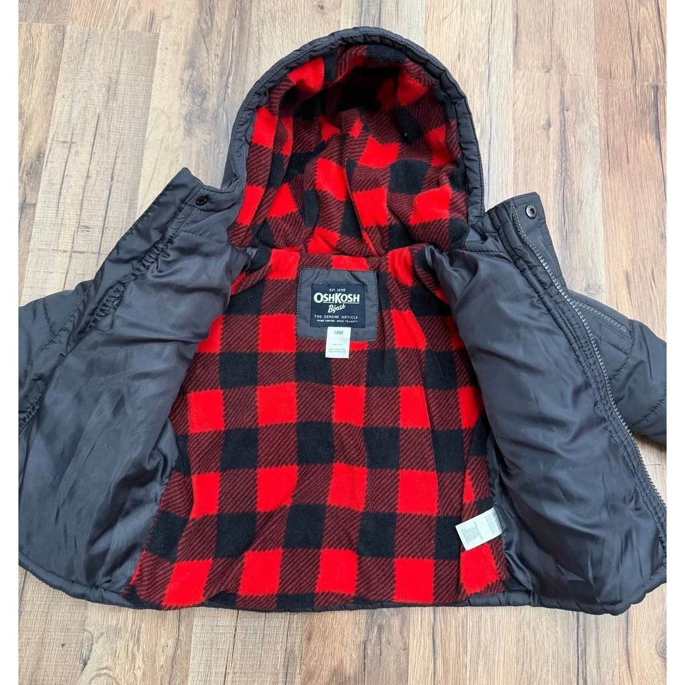 OshKosh B'gosh Toddler 18M Black Puffer Jacket Hooded Buffalo Plaid Lined